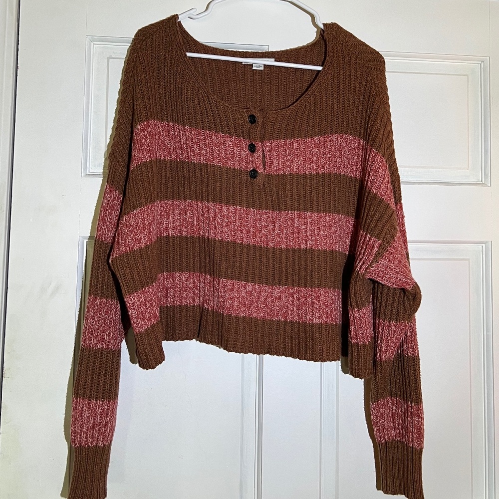 American Eagle Women’s Brown Pink Striped Cropped Ribbed Henley Knit Sweater